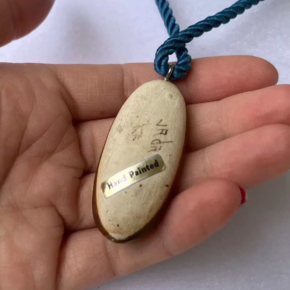 Vintage Hand-Painted Ceramic Floral Pendant Necklace on Blue Cord 60s/70s